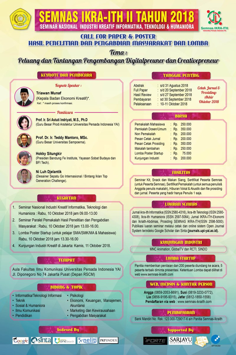 SularsoBudilaks's tweet image. Ayo ikut semnas-ikraith call for paper hasil litabmas, pemakalah mhsw 250rb, pemakalah dosen 350rb, + Lomba Ide Startup Nasional.DAFTAR DI semnas-ikraith.com
#SIMAK_UI #SBMPTN #kampus #ugm #unpad #s2 #pascasarjana #pasca #sbmptn2018 #magister #mm #magistermanajemen #master