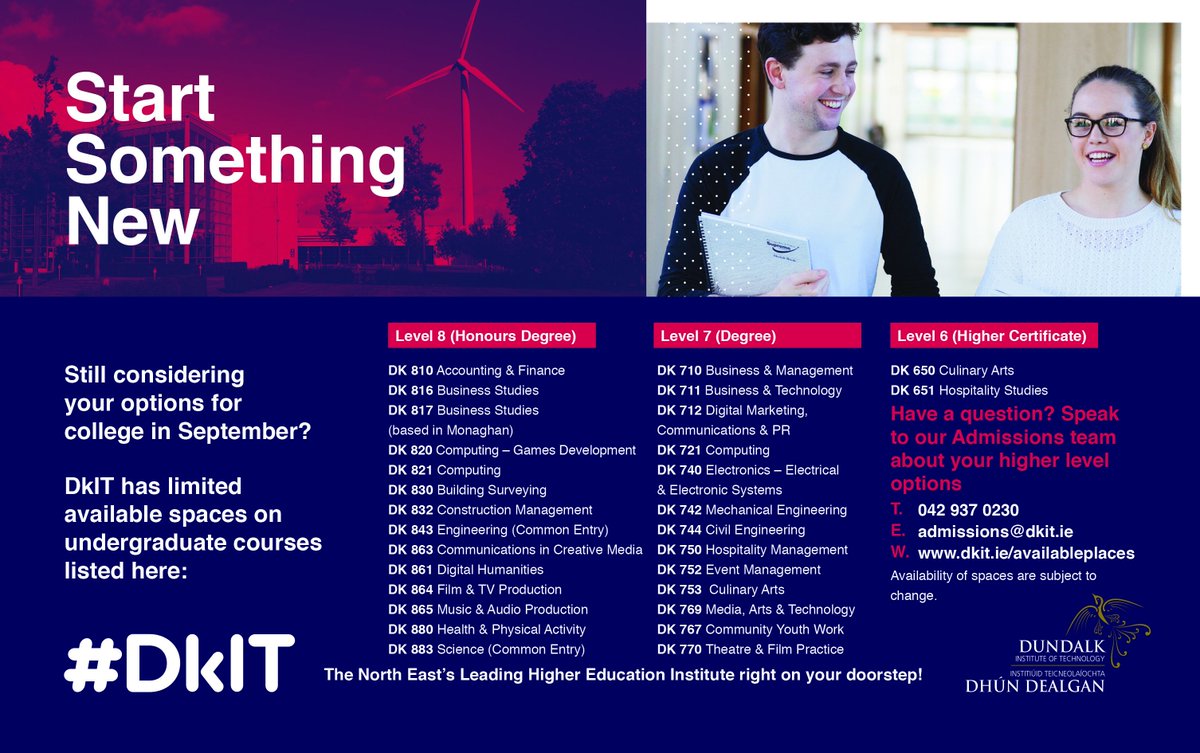 DkIT_ie's tweet image. Still considering your Third Level Options for this year? Then make sure you check out our #AvailablePlaces for #undergraduate #courses starting in September. We have limited availability on the below courses. FIND OUT MORE: ow.ly/ODRX30lz5xh #ThinkDkIT
