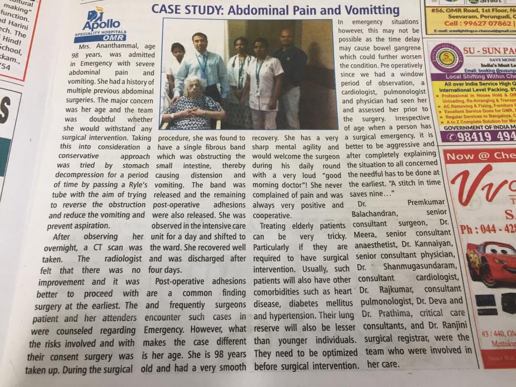 GastroSurge's tweet photo. Smooth Recovery at the age of 98.
Dr.Premkumar Balachandran and the team make a helping hand for a 98-year-old lady named, Ananthammal who was admitted in an emergency with severe abdominal pain and vomiting. Irrespective of age, the team tried their level best for her recovery. https://t.co/6NTuNcnk7S
