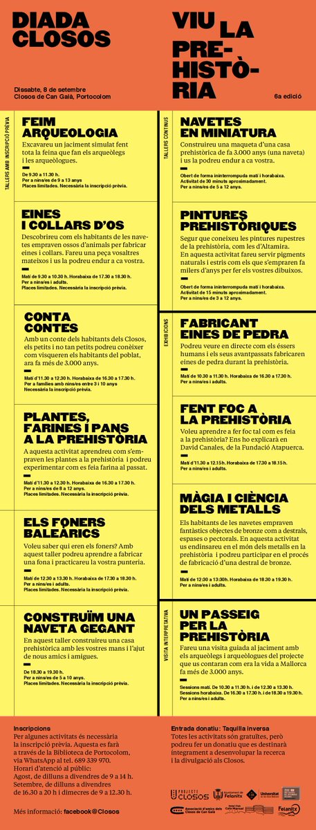 ProjecteClosos's tweet photo. Aquest 8 de setembre torna la Diada Closos Viu la Prehistòria!! Experimenta la prehistòria de forma divertida i en primera persona!  

Este 8 de septiembre vuelve el Festival Closos Vive la Prehistoria!! Experimenta la Prehistoria de forma divertida y en primera persona!

#closos https://t.co/6WfqbdyIQf