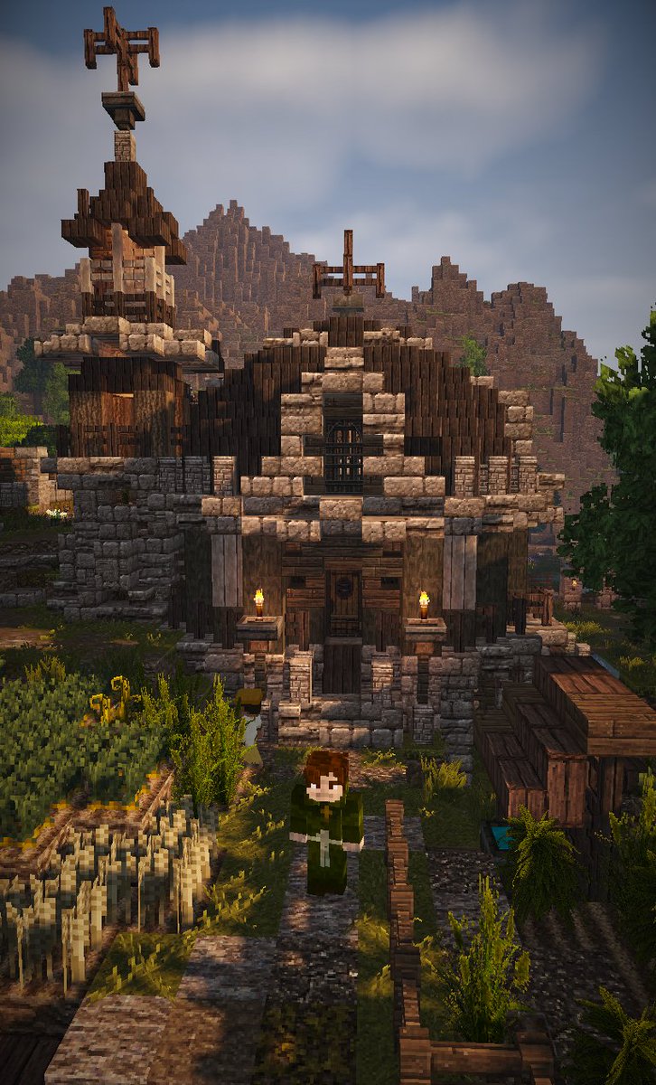 泥まんじゅう マイクラ建築 A Twitter 水辺の集落の教会です 田舎っぽさを残して 装飾しようとして悩んだ記憶があります 階段ブロックの枯れ木は今見るとデフォルメっぽいかも 水害が多く 半分水没した土地なので 建物は丘や 高床式で建てられます 教会裏にはそ