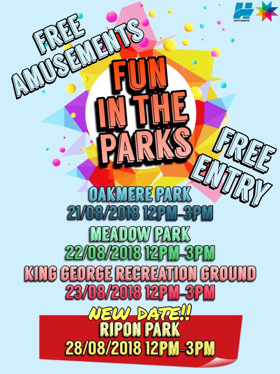 The next @HertsmereBC Fun in the Parks event will be held in Ripon Park, Borehamwood on Tuesday, 28 August from 12 to 3pm. This will be the final chance to visit a Fun in the Parks event #HertsYOPA18 #FamiliesMonth