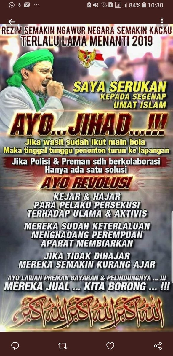 Jihad di era demokrasi bisa dilakukan melalui proses demokrasi dan hukum, itu sendiri bukan anarkisme. Seruan2 model begini tidak dibutuhkan sama sekali, selain memang bertujuan menjebak umat pada tuduhan radikalis. Hati-hati dengan jebakan tsb, tetaplah dijalur demokrasi.