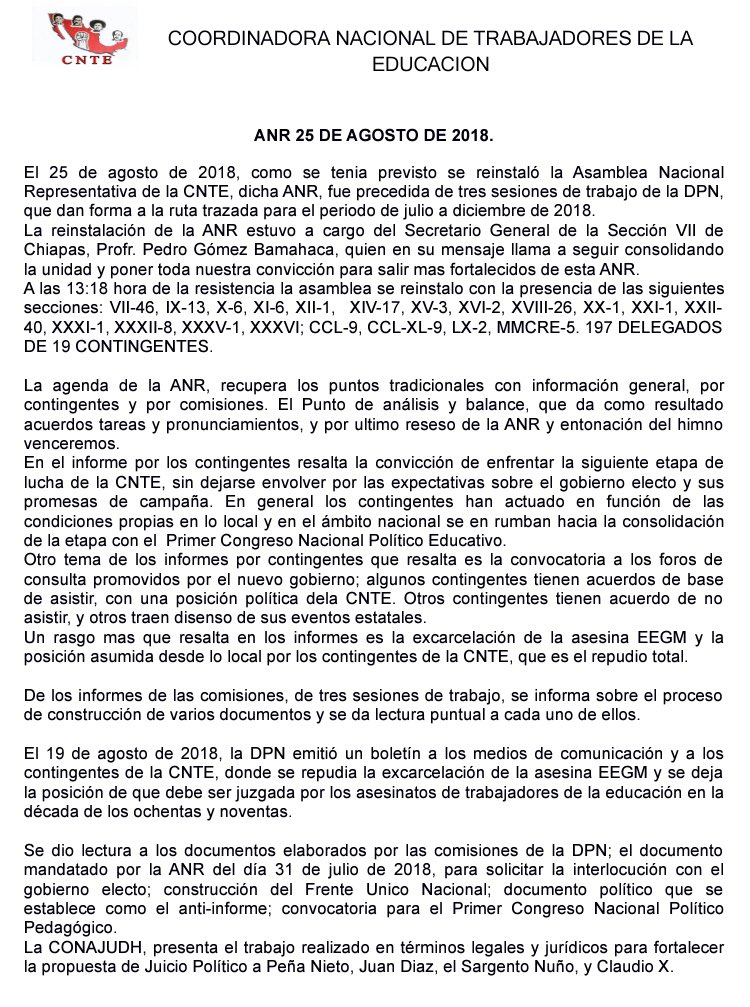 PsalazarHeri's tweet photo. Acuerdos y tareas de la Asamblea Nacional Representativa de la #CNTE 25 de agosto de 2018.
#Sección35 #Seccion22 #Seccion14 #CETEG #CETEO #CETET #CETECH @CNTE_Hgo @seccion9cnte @cnteveracruz @ComuniCNTE @SecXVIII @SeccionXXII_ @CNTENUEVOLEON @CNTESONORA @CnteYaqui @cnte_7 https://t.co/wVy90nZBvs