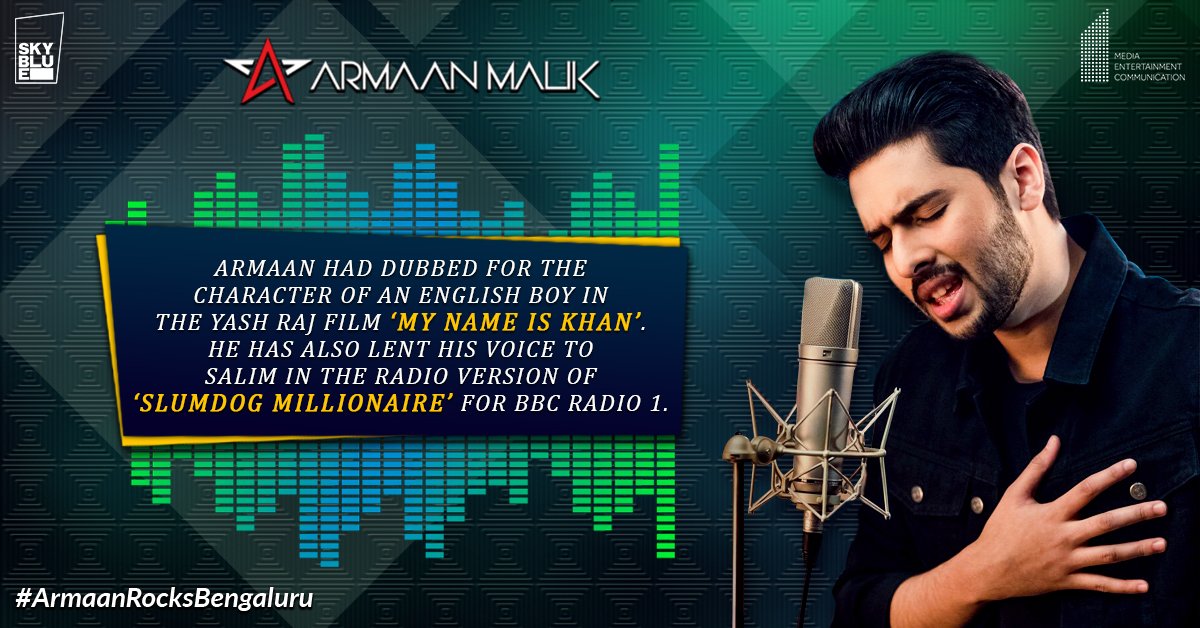 SkyblueMedia's tweet photo. #ArmaanRocksBengaluru
Armaan had dubbed for the character of an English boy in the Yash Raj Film ‘My Name Is Khan'.
BOOK YOUR TICKETS FOR THE MEGA CONCERT NOW: https://t.co/fcElLkptpB
#ArmaanMalikLive #ArmaanLive #Concert https://t.co/tgxrk6S5Tm