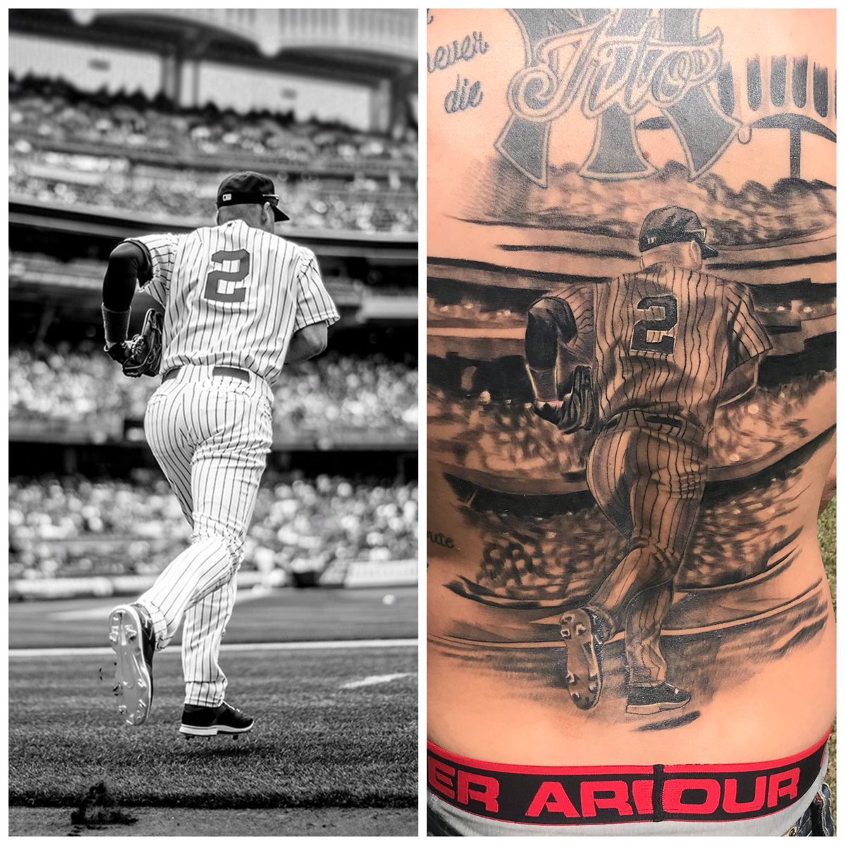 Hasn’t even been a year since I got this piece done, and I still look at it just as amazed as the day I got. #derekjeter #TheCaptain #lastgame #NewYorkYankees #GOAT #RE2PECT #legendary  #yankeelife #diehard #bronxbombers #sportsportrait #INKED #tattoos #MLB ⁦#espn #sportsword