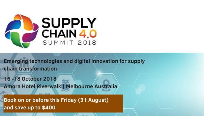 questignite's tweet photo. The early bird for Supply Chain 4.0 Summit 2018 is ending this Friday. Book on or before 31 Aug and save $400. 
Listen to speakers from  Coca Cola, Coles, Kimberly Clark Australia, Best and Less, Port of Brisbane, Dulux, Carnival Australia, …and more.

https://t.co/Apmy5nyJ4O https://t.co/UufFKxdWla