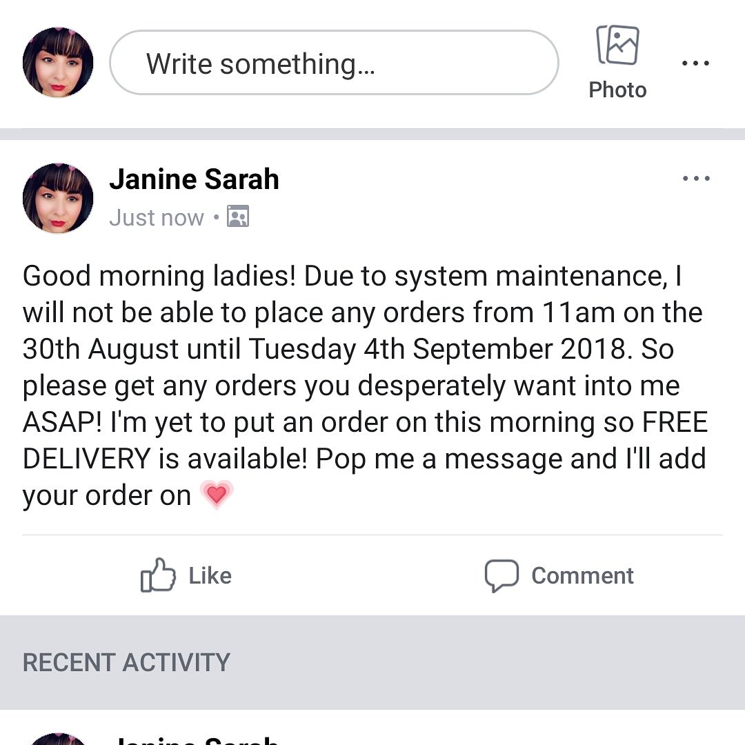 AS_Janine's tweet photo. Good morning ladies! Due to system maintenance, I will not be able to place any orders from 11am on the 30th August until Tuesday 4th September 2018.
#goodmorning #annsummers #systemmaintenance #august #augustbankholiday #september #ordergoingin #order #freedelivery https://t.co/ruZJRGoEBD