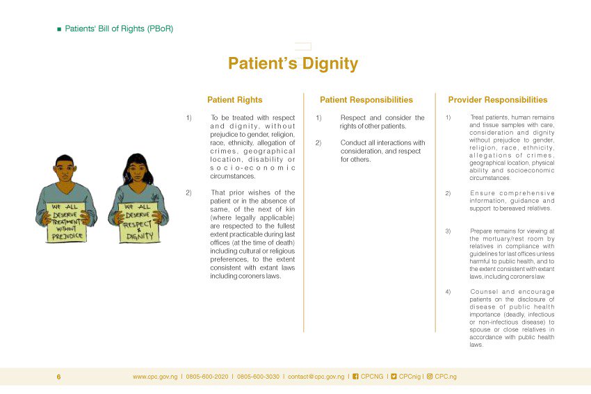 fccpcnigeria's tweet photo. Good morning,

Today, we examine the Patients' Bill of Rights specifically the rights of patients as it relates to access of information, quality of care, patient's dignity and fee related information.

Do you know your rights and responsibilities as a patient?

#PBoR https://t.co/Mp5vB6hA2A