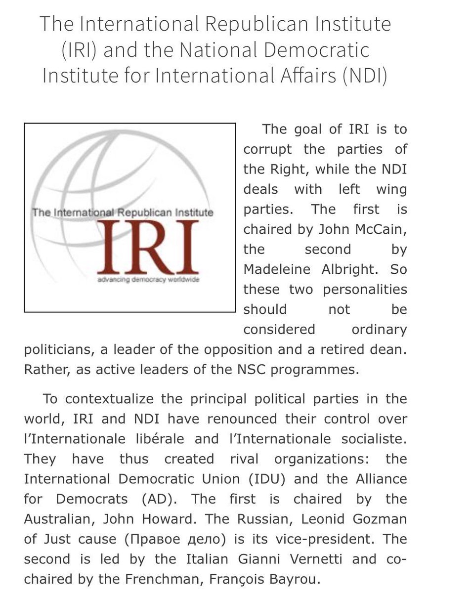 We3forDemocracy's tweet image. The alleged goal of NED’s IRI is to corrupt the parties of the Right, while the NDI deals with left wing parties.

voltairenet.org/article192992.…

#DivideToConquer