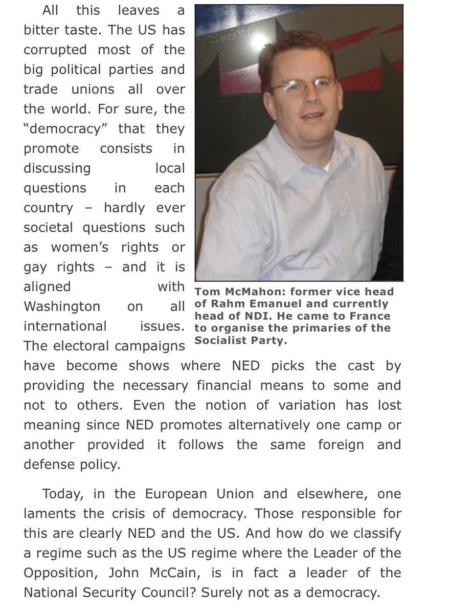 We3forDemocracy's tweet image. The alleged goal of NED’s IRI is to corrupt the parties of the Right, while the NDI deals with left wing parties.

voltairenet.org/article192992.…

#DivideToConquer