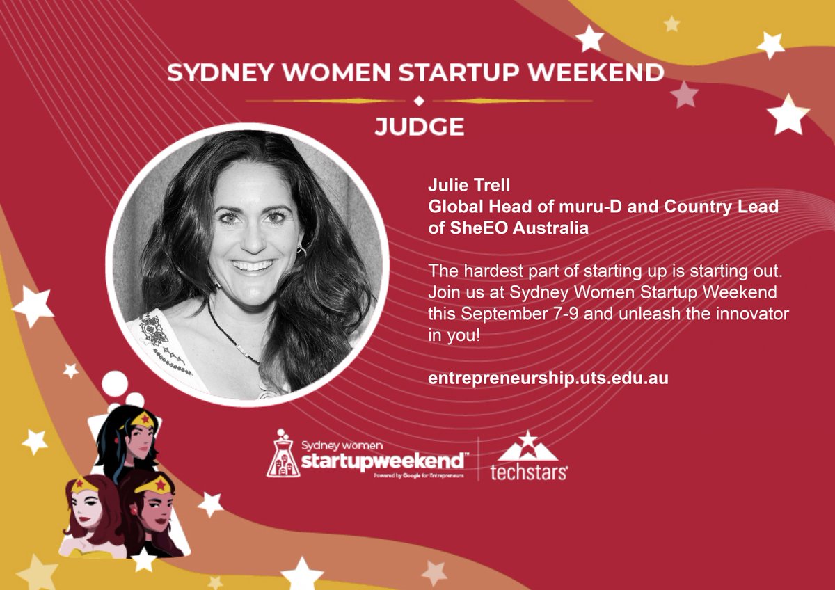 UTSInnovation's tweet photo. The 2nd judge to join us at #sydwomenSW is Global Head of @murudau and @sheeo_world's AU Country Lead @julietrell! Julie has vast experience in the startup environment and has long been championing change in how we support female #entrepreneurs! Tickets: https://t.co/8DD1E4Y9my https://t.co/1u17wYsmfx