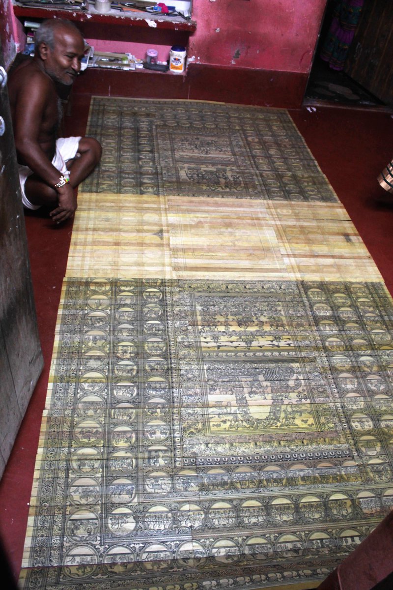virsatehind's tweet photo. World's largest talapatra chitra or palm leaf etching art being made at #Raghurajpur by Sri Laxmidhar Subudhi. We wish him all the best.#puri #talapatra #palmleafart #craftofodisha #Bhubaneswar #instaphoto #odishatourism #kalabhoomi @odisha_tourism @kalabhoomibbsr @Naveen_Odisha https://t.co/Zc5op1HmGQ