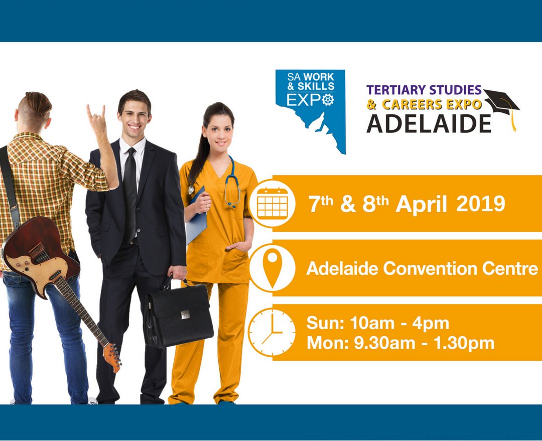 CareersEvents's tweet photo. The 10th annual Tertiary Studies &amp; Careers Expo Adelaide (TSCEA) plus SA Work &amp; Skills Expo will be held next on Sunday 7th &amp; Monday 8th of April 2019.

#TSCEA #careersevents #Adelaide #AdelaideCC #SAworkskills #free #study #job #jobsearch #work #university #southaustralia https://t.co/gIFMMYubqP