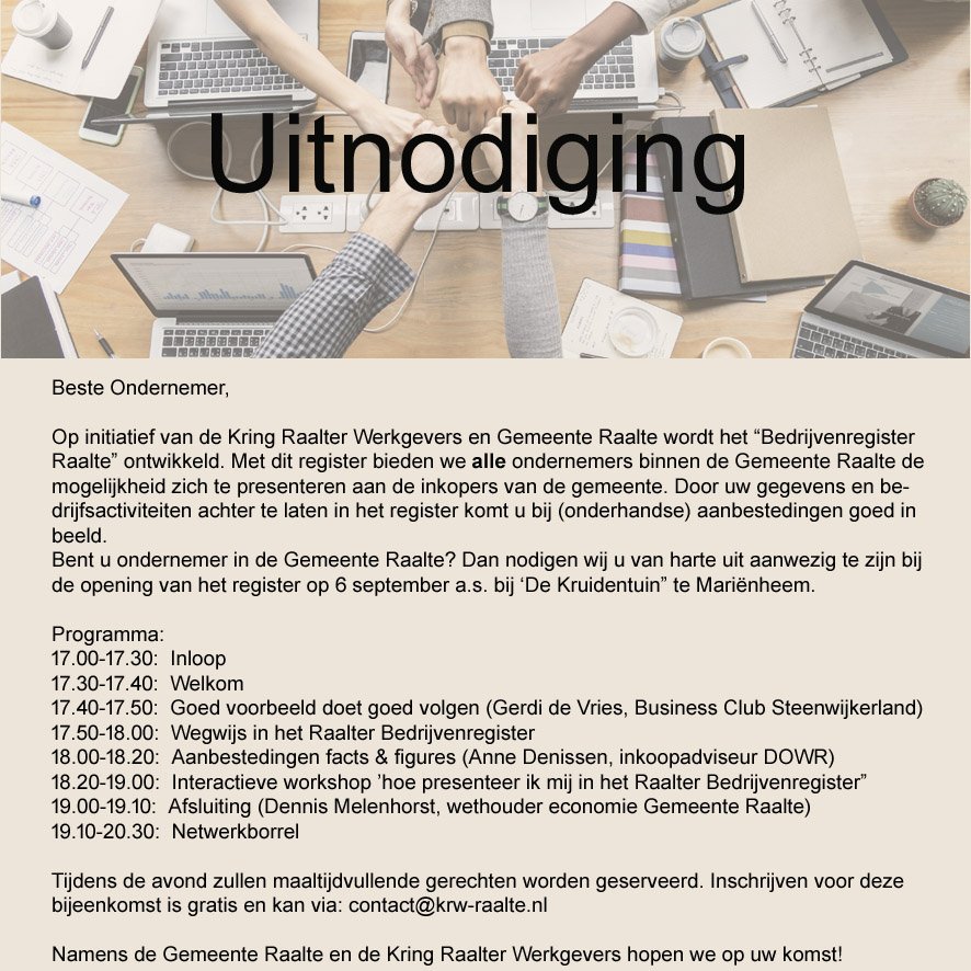 Na het zomerreces staan we te popelen om weer van start te gaan. Te beginnen met: presentatie Raalter #bedrijvenregister op donderdag 6 sept. bij de Kruidentuin. Inloop 17.00, aanvang 17.30 uur. Aanmelden via de nieuwsbrief of contact@krw-raalte.nl. Ook niet leden zijn welkom.