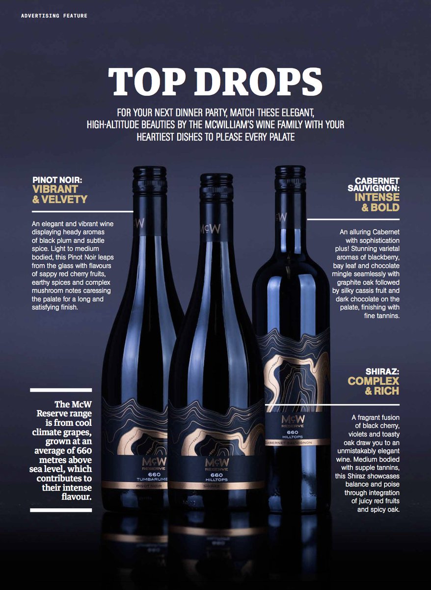 For your next dinner party, match these elegant, high-altitude beauties with your heartiest dishes to please every palate. Thanks for the lovely feature <a href="/MensHealthAU/">Men's Health Australia</a> 
#mcwilliamswines #foodandwine #pinotnoir #cabsav #shiraz