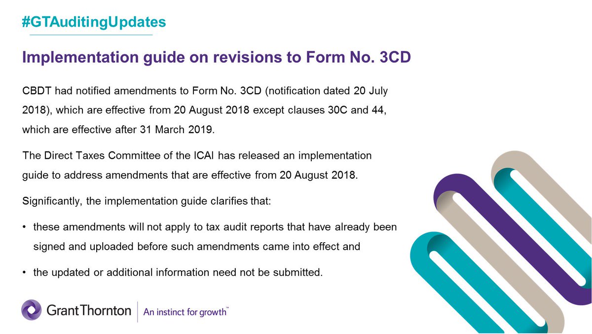 GrantThorntonIN's tweet image. Implementation guide on revisions to Form No. 3CD. Click:bit.ly/2NoiWpx 
#GTAuditingUpdates #Form3CD #ICAI #taxaudit