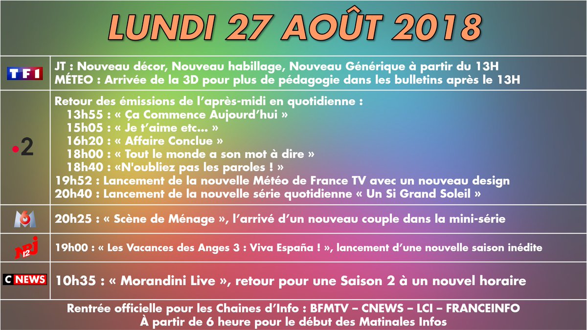 LeDZappeur's tweet photo. 🔴 Votre #ProgrammeDeRentree avec @LeDZappeur
➡️Découvrez votre #ProgrammeTV D'AUJOURD'HUI, pour ne rien ratez à la télévision !
🔸Nouveau plateau, Nouveau habillage, Nouvelle émission, Nouvelle Saison, Nouveau retour, Nouveau couple...
#ActusDeRentree #EnRouteVersLaRentreeTV https://t.co/lDpOlWrPnQ