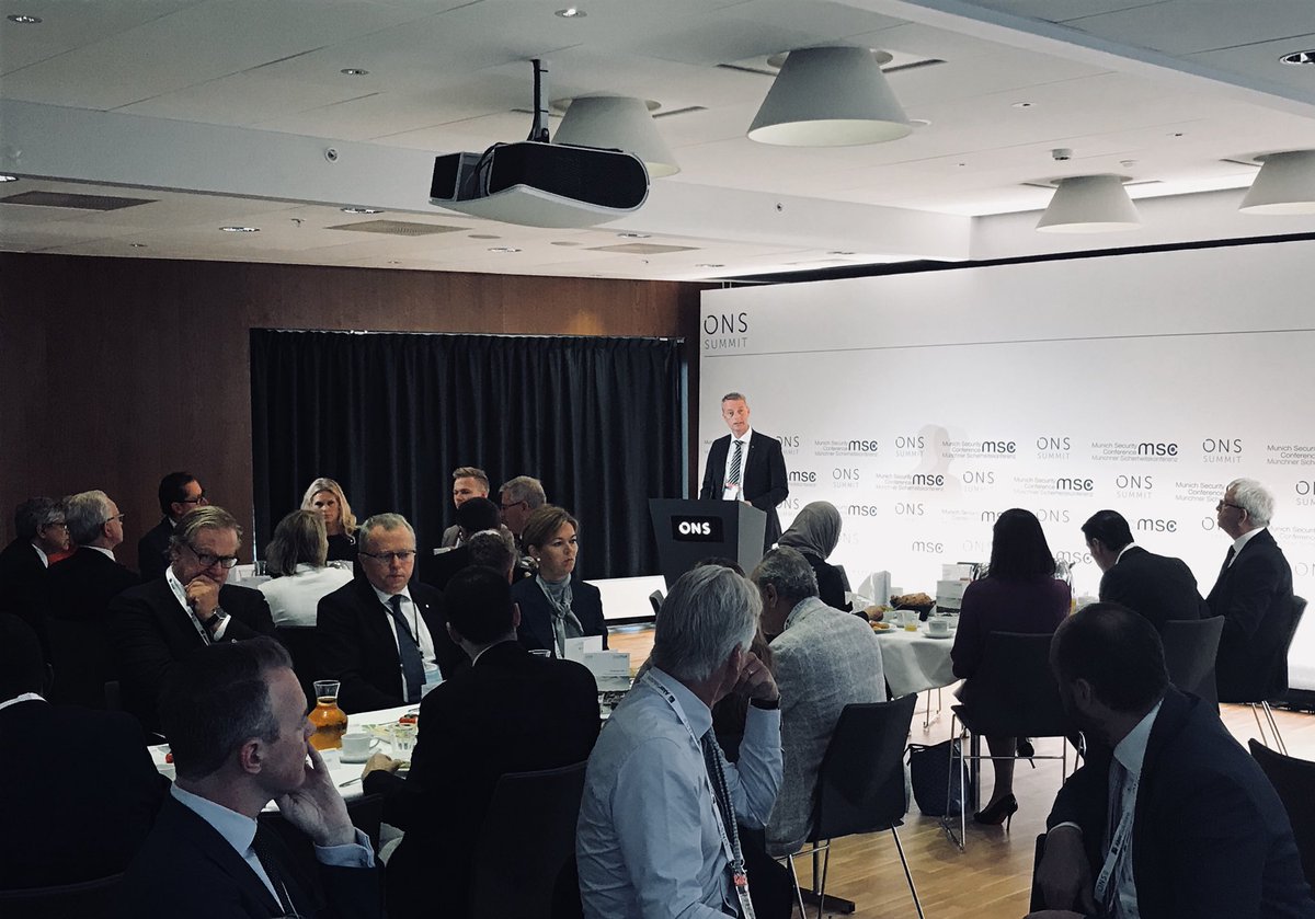 MunSecConf's tweet photo. Breakfast session w/ speeches by Norway’s Energy Minister @TSoviknes and @simonelli_l @BHGECO kicked off day 2 of our ONS Summit on energy security. #MSCenergy #ONS2018 https://t.co/X7uWiHn4W5