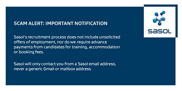 SasolSA's tweet image. Fraud Alert! Sasol's recruitment process does not include unsolicited offers of employment and also does not require advance payments from candidates. South African applicants - we will never ask you to pay for a police clearance as part of the recruitment process
