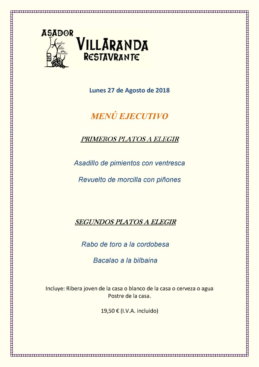 VillarandaAsado's tweet photo. Afrontamos esta última semana de Agosto y en Villaranda Asador seguimos ofreciéndote un menú para que cojas fuerza y energía. 
@VillarandaAsado #gastronomia variada en #Alcorcón desde #restaurante #Villaranda https://t.co/oiFSodgmlK