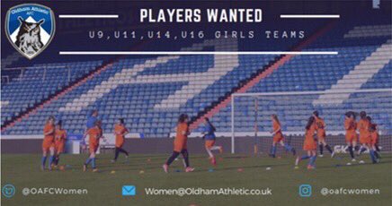 OAFCWomen's tweet photo. ‼️Players Wanted‼️

👀We are looking for Girls to join our 4 Squads at #OAGAWFC 

These are U9,U11,U14 and U16! 

🙋‍♀️Interested? 
📧Women@OldhamAthletic.co.uk or 
🤳Tweet us @OAFCWomen 
or
☎️ Call us : 07988 674560

#OAGAWFC #OAFC #MFAFFF #OldhamHour https://t.co/23viFFUQSN