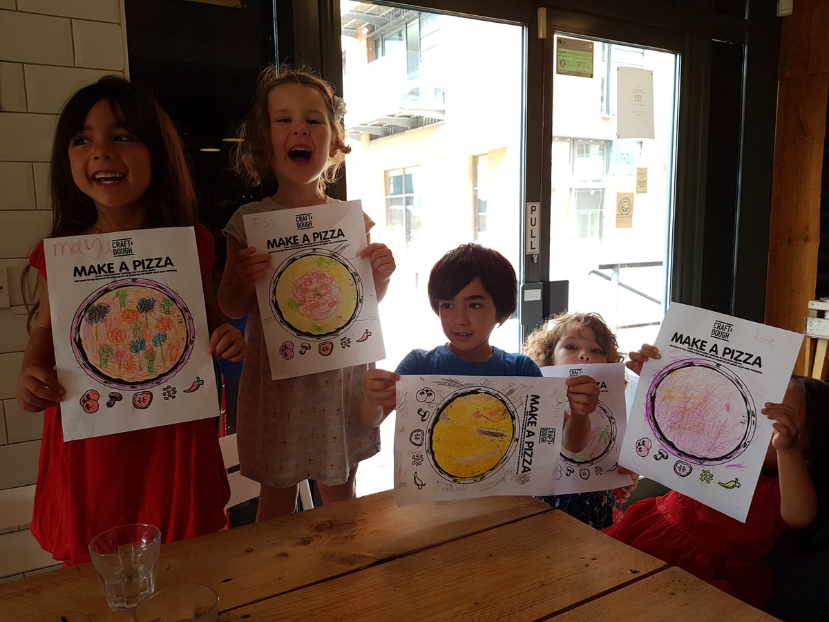 HinduMonkey's tweet photo. @CraftDough kids eat free this August and design a pizza to boot. 

Here's our five entrants (citation, not all children mine) https://t.co/bxb0sIbUYr