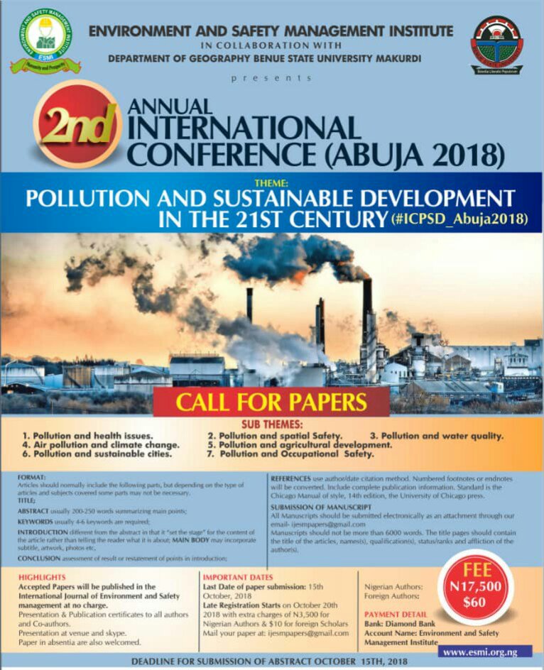 ICES_Annual's tweet photo. #ICES2018
Theme: Pollution and Sustainable Dev in 21st Century. @unep @UNDP @environmentca @DOEE_DC @EnvAm @EverydayHealth 
Papers presented at this conference will be published in intn'l journal of environment and safety management free of charge. Mail to ijesmpapers@gmail.com https://t.co/0GmB2Xqods