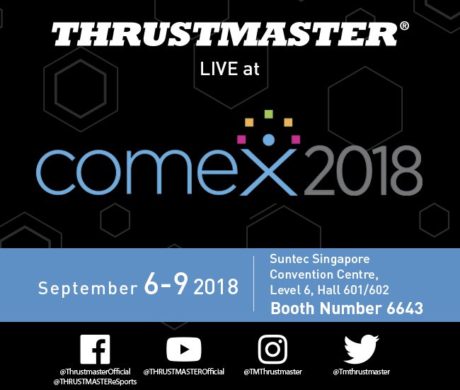 TMThrustmaster's tweet photo. Thrustmaster will be at Comex 2018 in Singapore September 6-9, 2018.
➡ Come and discover our latest sim racing and flight sim products at out Thrustmaster booth #6643
#Comex2018 https://t.co/YNvQAVIB6A