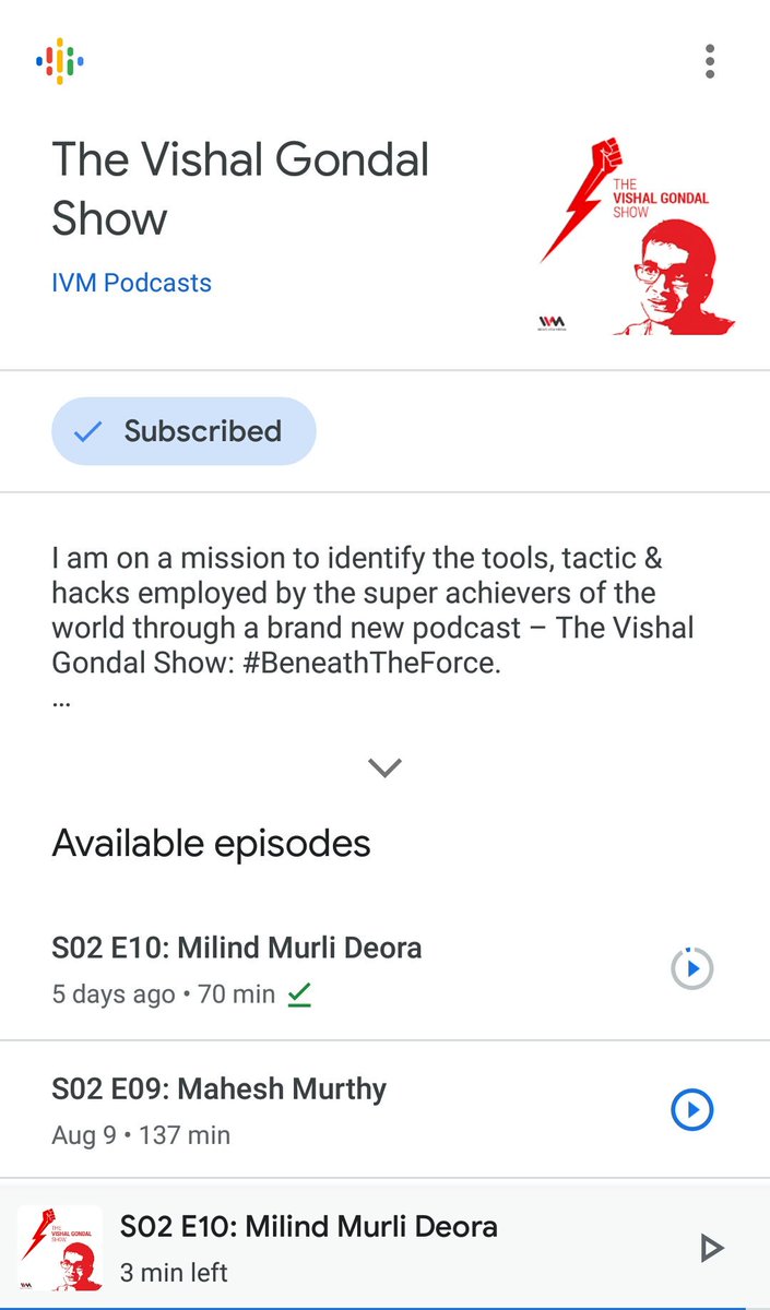 enjoyed listening to your podcast on @VishalGondal's show, @MilindDeora 🙂👍

VG: also loved the one with Vanika and Vivek. #BeneathTheForce