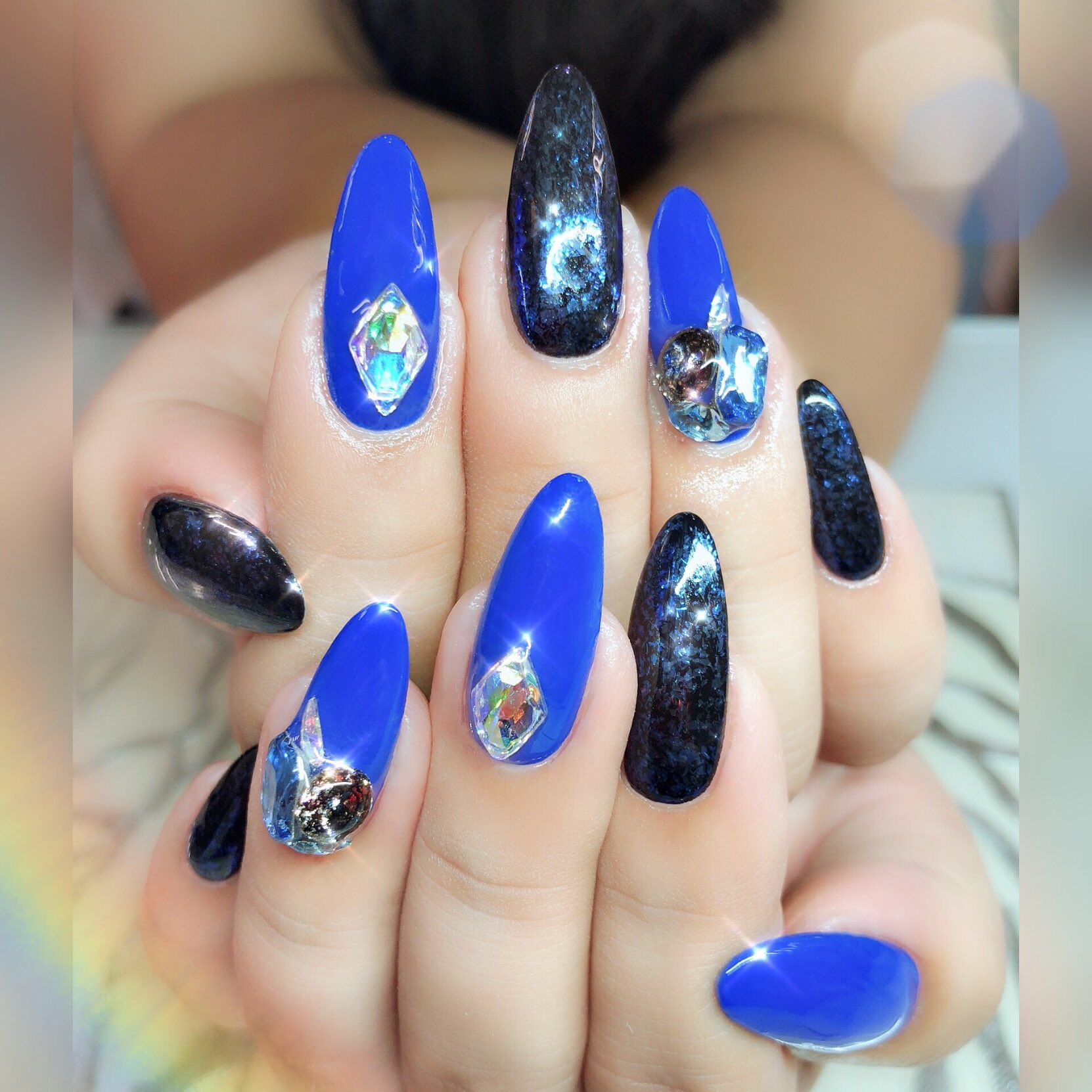 Coco お客様nail ५ 自爪 ﾗﾝﾊﾞｽ Vｶｯﾄ Nail Gel Cool Gelnail Nails Nailart Naildesign Fashion Summer Blue Swarovski Purple Navy Gelnails White Blue 夏 ランバス