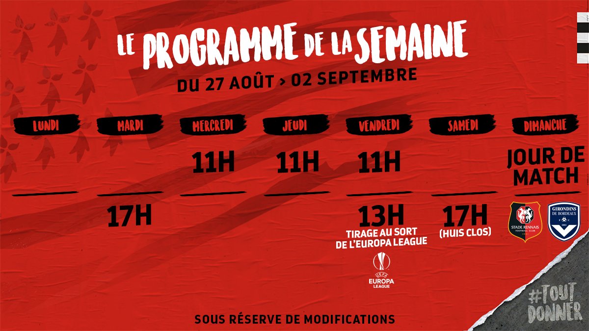 staderennais's tweet photo. [AGENDA] 🗓
Entre la réception des @girondins dimanche à 17h, les dernières heures du mercato vendredi et le tirage au sort de l’@EuropaLeague le même jour, la semaine va être chargée.
#SRFCFCGB 🎫 ➡ https://t.co/iJLd2SnhNP
#ToutDonner 💪🔴⚫ https://t.co/0OSjD46vZa