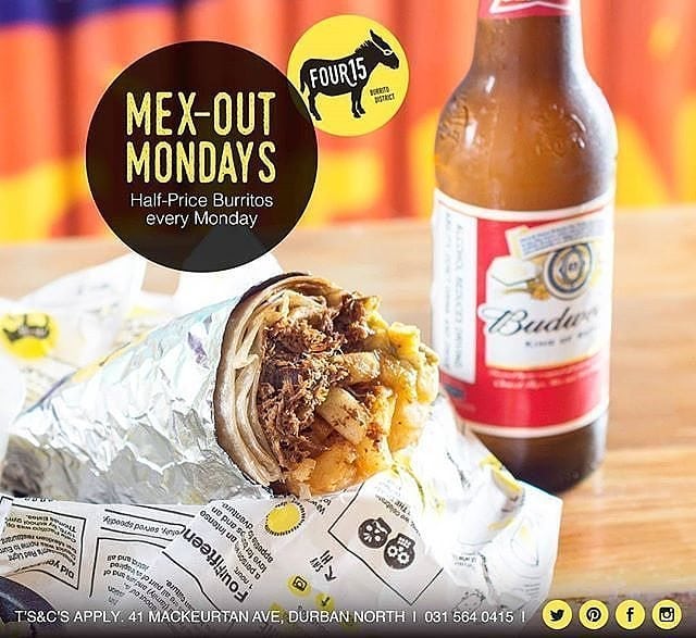 Four15Burritos's tweet photo. Half Price Burritos every Monday! Only at Four15.
_____
Dine in only.
_____
#burrito #beer #Fries #Halfpriceburritos #foodporn #foodie #vscofood #mexican #Durban #durbanrestaurants #delicious #four15 #wrap #tortilla #wood https://t.co/HB1CuULxP5
