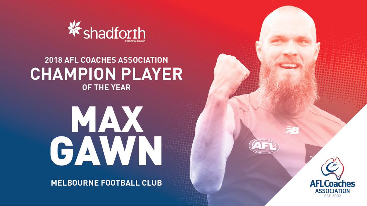 AND THE WINNER IS... MAX GAWN | Congratulations to @gawndog37 of <a href="/melbournefc/">Melbourne Demons</a>, winner of the 2018 <a href="/Shadforth_Aus/">Shadforth Financial</a>  AFL Coaches Association Champion Player of the Year Award 🏅 #CoachesVotes

READ 📰: aflcoaches.com.au/awards/the-afl…