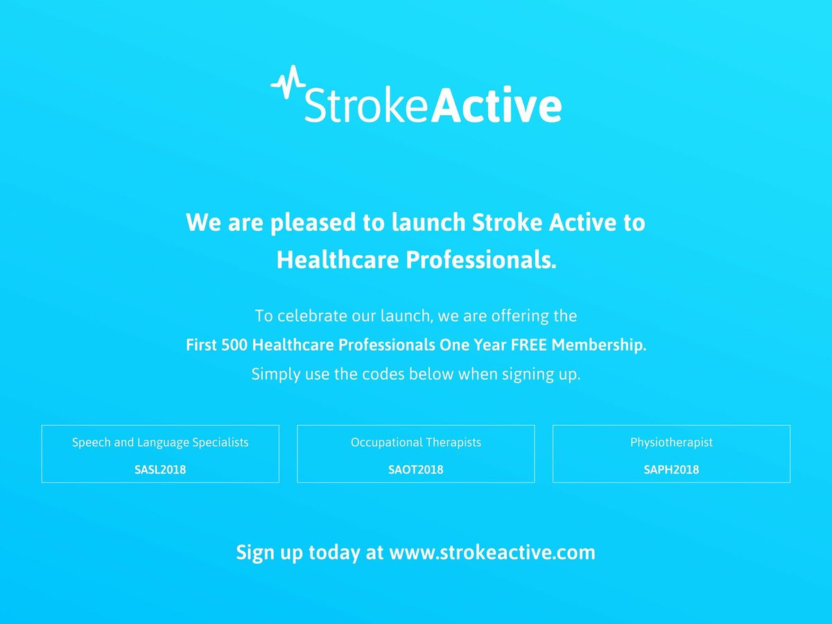 We are pleased to announce that Stroke Active is live and ready for Healthcare Professionals all over the Country to sign up. As a celebration, we are giving away 500 free memberships for the year. 

Sign up now, and transform the way you manage your patients.