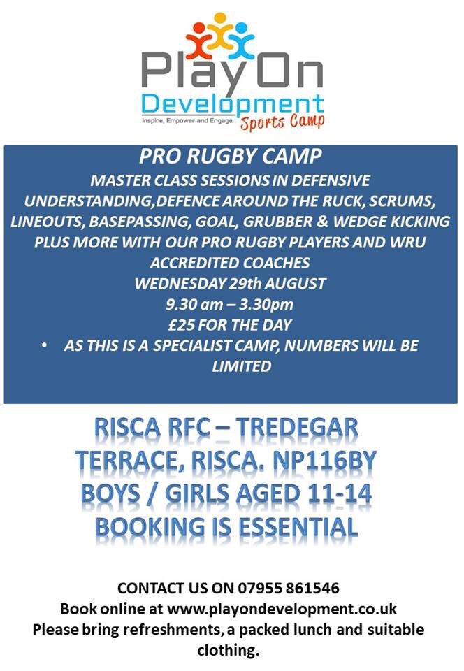 Our last camps of  the summer will be our very popular #rugby camps <a href="/RiscaRFC/">Risca RFC</a> 
It’s our 2nd pro camp and we have put together an awesome coaching team which will challenge all the players. 
Book now to secure your place .
#active #purposeful #enjoy #safe

playondevelopment.co.uk/booking-form/