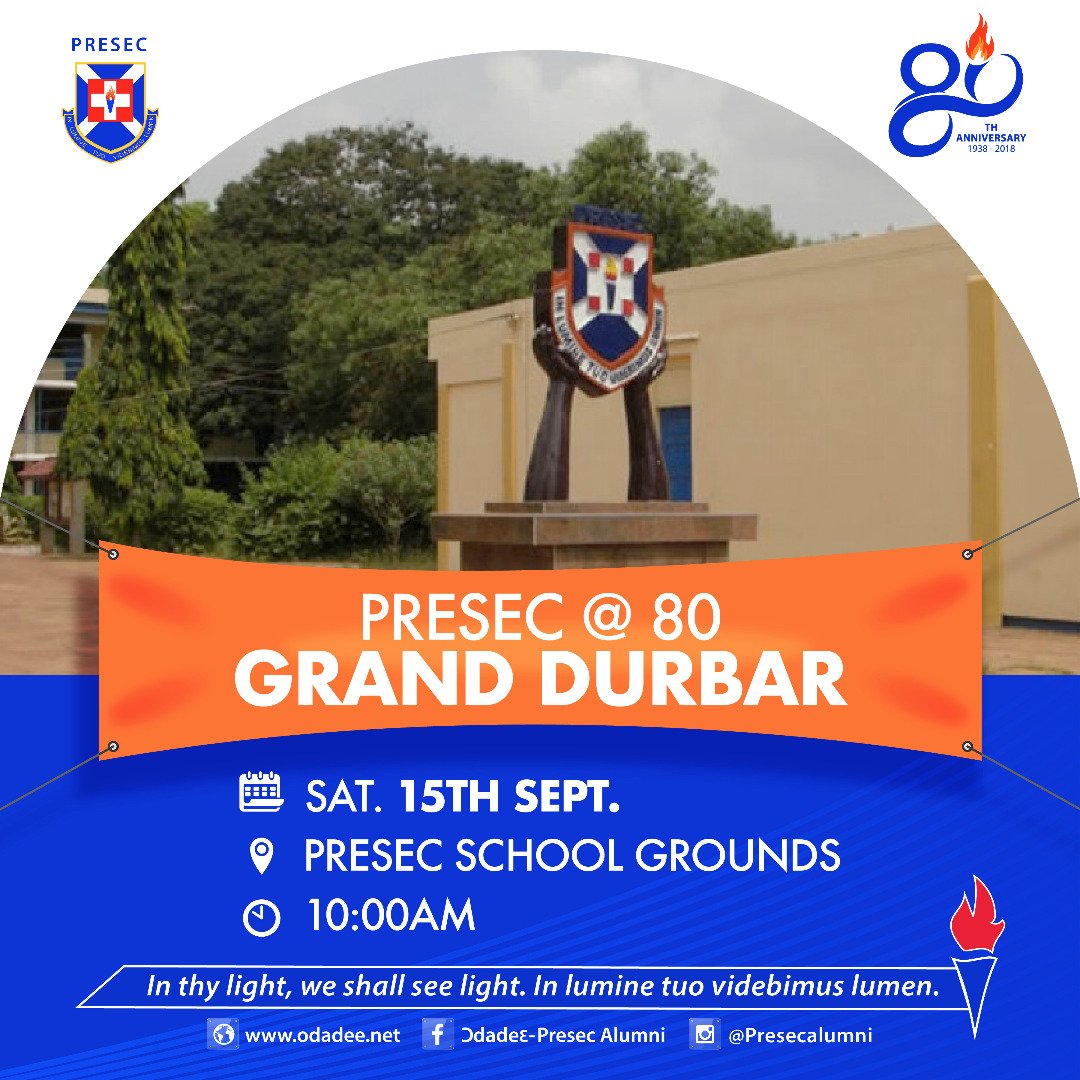 Odadee_Official's tweet photo. PRESEC @ 80 GRAND DURBAR
SAT. 15TH SEPT, 2018
PRESEC SCHOOL GROUNDS
#Presec80 #Odadee https://t.co/HEWBicF6i5