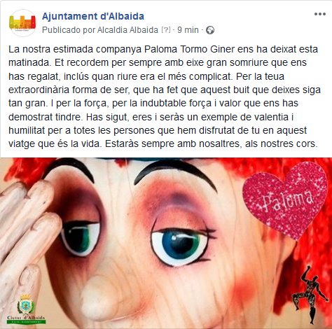 La nostra estimada companya Paloma Tormo Giner ens ha deixat esta  matinada. Et recordarem per sempre per la teua  extraordinària forma de ser, la força i el valor que ens has  demostrat. Has sigut, eres i seràs un exemple de valentia i  humilitat. Estaràs sempre als nostres cors