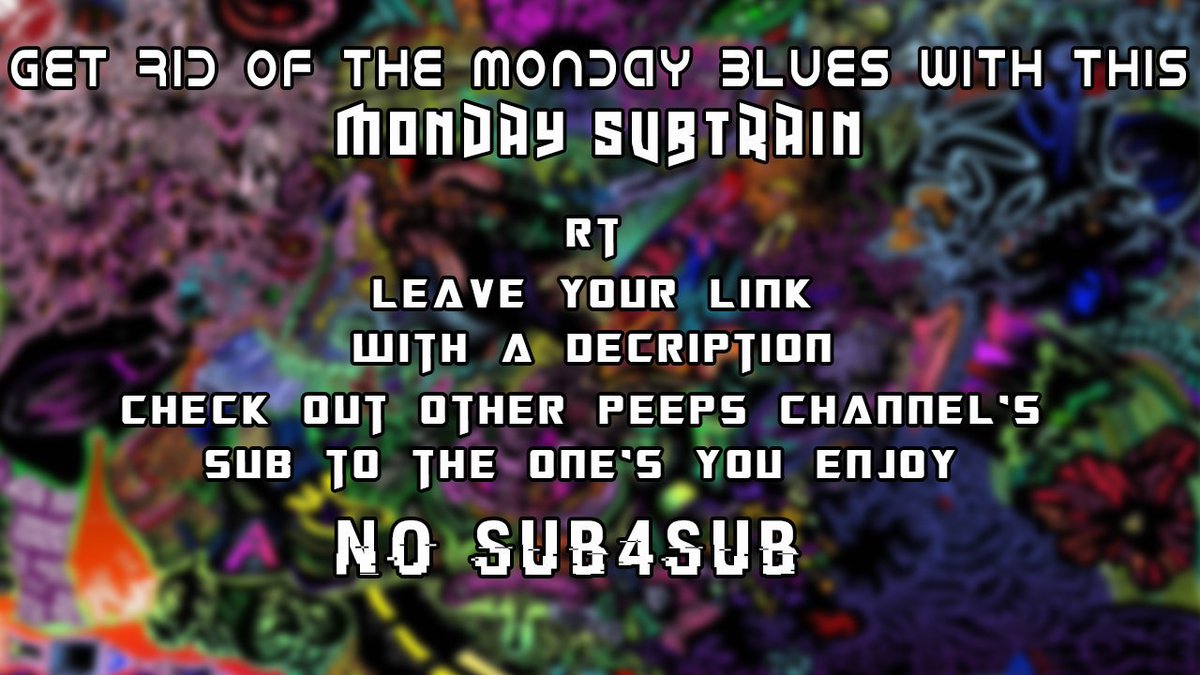 STR4IGHTUPL4ZY's tweet image. Say no to the monday blues with this #subtrain 
RT 
Leave your channel link and decription
Check out other peeps channel's and sub to the one's you enjoy
NO SUB4SUB
#Nosub4sub #youtube #YSY  #contentcreator #supportsmallyoutubers #smallyoutuberarmy #smallyoutuberunite