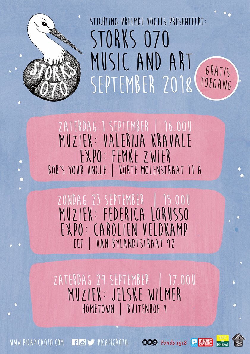 storks070's tweet image. We gaan weer Haagse talenten in de spotlights zetten! We zien je graag 1 september bij #Bobsyouruncle met #ValerijaKravale (muziek) en #Femmez (expo), 23 september bij #eefkoffie met #FedericaLorusso (muziek) en #CarolienVeldkamp (expo) en 29 september bij #Hometown met #Jelske.
