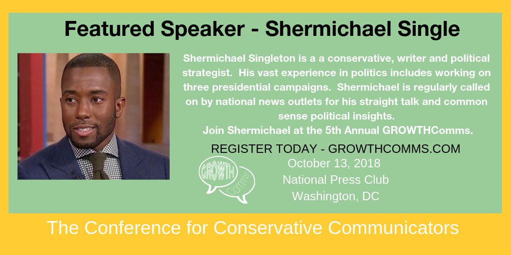 policypoundcake's tweet image. @Shermichael_ is this week's featured speaker.  Visit growthcomms.com/register and use PROMOCODE 040448 to receive 24% off on your registration for GROWTHComms - the conference for conservative communicators.