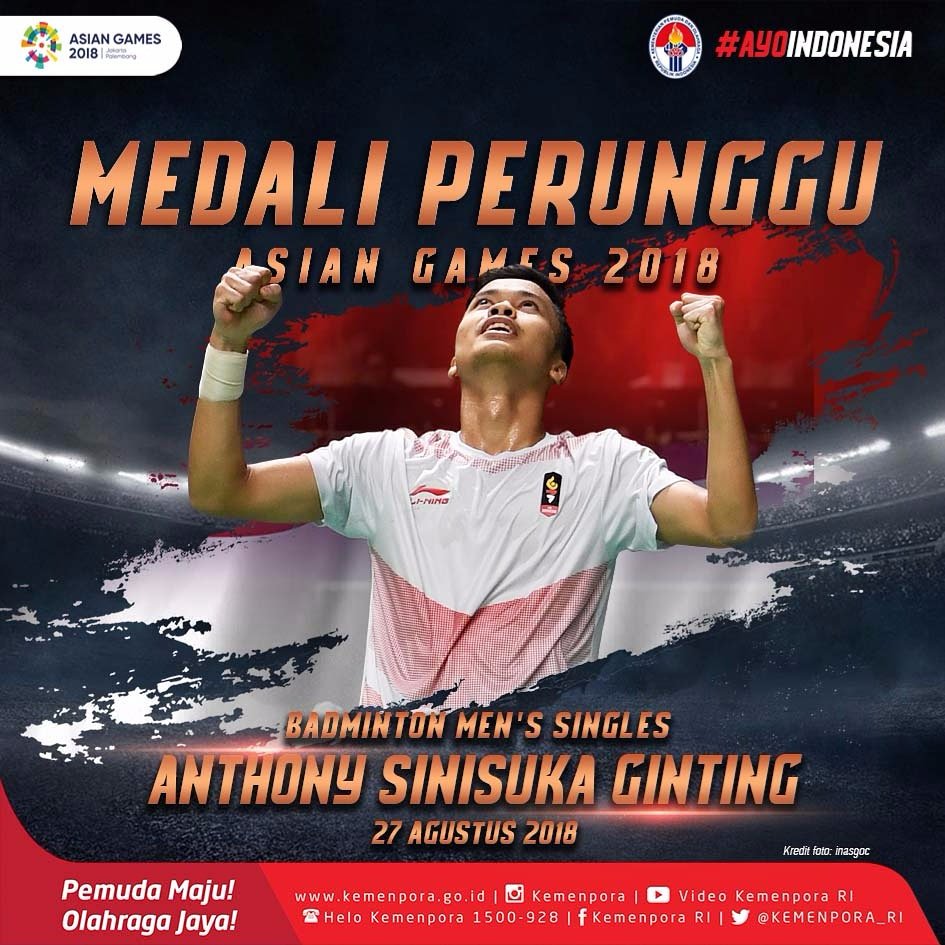 imam_nahrawi's tweet photo. Anthony Sinisuka Ginting bukan gagal ke final tapi dia berhasil berjuang mendapatkan perunggu untuk Indonesia. Terima kasih sudah menginspirasi kita semua untuk selalu optimis. 

Siaaapaaa kitaaaa???  -IN

#AyoIndonesia 
#BikinBanggaIndonesia 
#AsianGames2018 https://t.co/4YGVCmErif