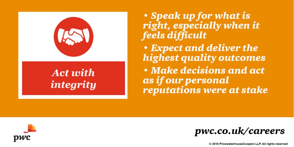 PwC_UK_Careers's tweet image. Read a little bit more about today&apos;s value, act with integrity.

If you&apos;d like to work at @PwC_UK, view our careers site here: bit.ly/2Njmoll

#PwCvalues #careersatPwC #workatPwC #PwC #careers