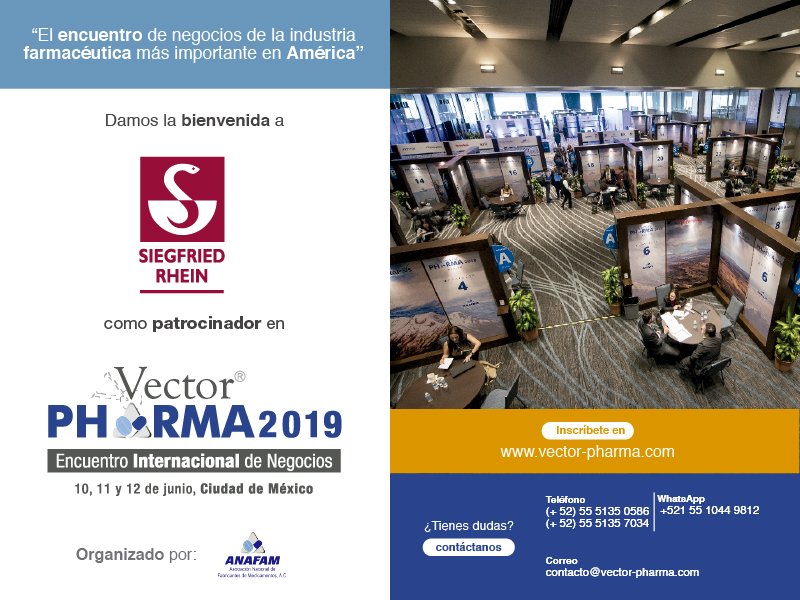 BePharmaB2B's tweet photo. #VectorPharma2019 es orgulloso de poder contar con el patrocinio de @Siegfried_Rhein en su próximo evento en junio 2019 en la Ciudad de México. Si es fabricante o distribuidor de medicamentos y busca crecer internacionalmente ¡no se lo pierda! Organiza @anafammx. #vectorpharma https://t.co/sv4ns0Lm54