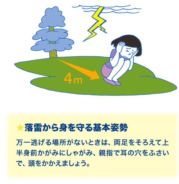 nhk生活 防災 On Twitter 雷から身を守るには 屋外にいる場合は 木の下に避難してはいけません 木から4メートル以上は離れて身 をかがめてください 林や森のように木々が生い茂っている場所でも 安全とはいえません 雷 Https T Co Y2yfwhinot Twitter