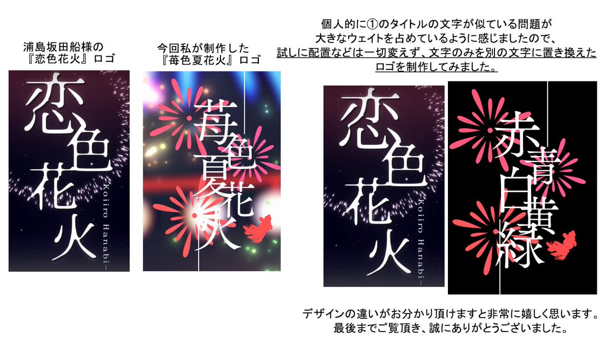 えるいー 在 Twitter 上 苺色夏花火のロゴへのご指摘について この度はお騒がせしてしまい誠に申し訳御座いません あのロゴは私がオリジナルで制作したものであり 断じて盗作等では御座いません この度のご指摘を受けまして 皆様にご納得頂けるよう資料画像