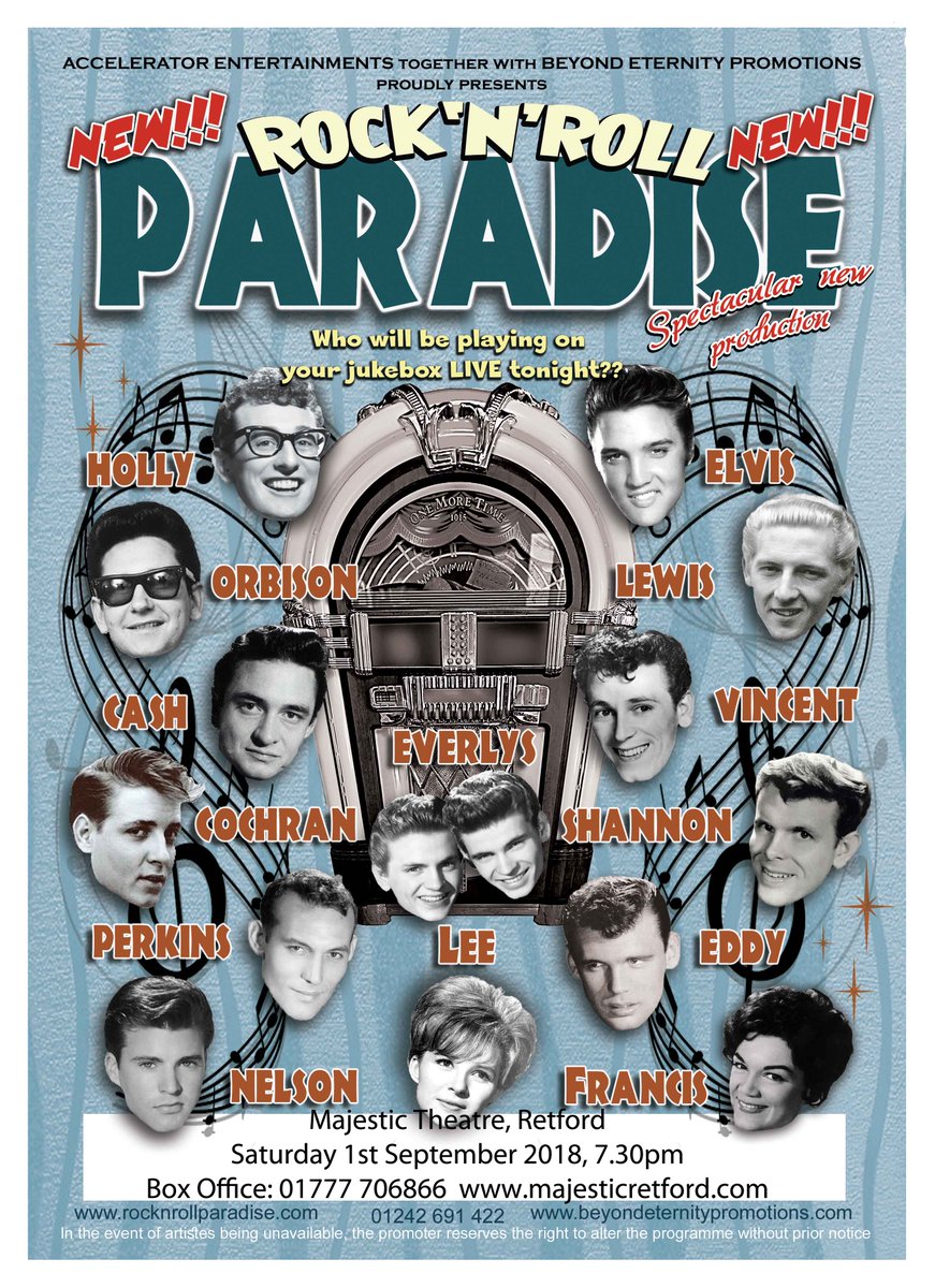This Saturday 1st join <a href="/RnRParadise/">Rock n Roll Paradise</a> for another #RocknRoll rollercoaster at <a href="/MajesticRetford/">Majestic Retford</a>  For tickets call 01777 706 866 or visit majesticretford.com <a href="/BBCNottingham/">BBC Nottingham</a> <a href="/Retford_Times/">Retford Times</a> <a href="/retfordlife/">Retford Life</a> #BuddyHolly #Elvis #GeneVincent #Theatre #LiveMusic