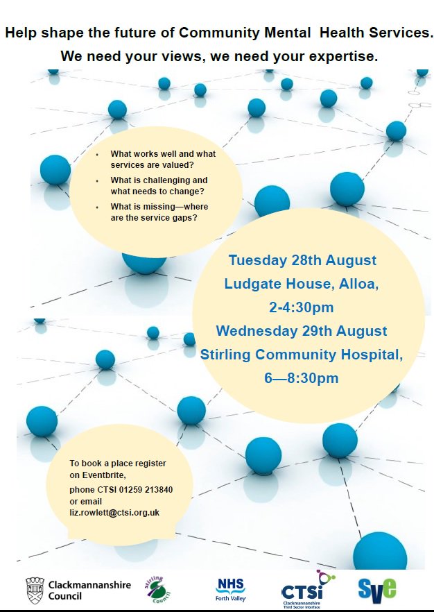 Clacks Third Sector Interface (@clacksctsi) on Twitter photo If you can't make Alloa on Tuesday afternoon come and tell us what you think of community mental health services at the Stirling Community Hospital on Wednesday evening at 6 pm
eventbrite.co.uk/d/united-kingd…
 #mentalhealth #healthandsocialcare If you can't make Alloa on Tuesday afternoon come and tell us what you think of community mental health services at the Stirling Community Hospital on Wednesday evening at 6 pm
eventbrite.co.uk/d/united-kingd…
 #mentalhealth #healthandsocialcare