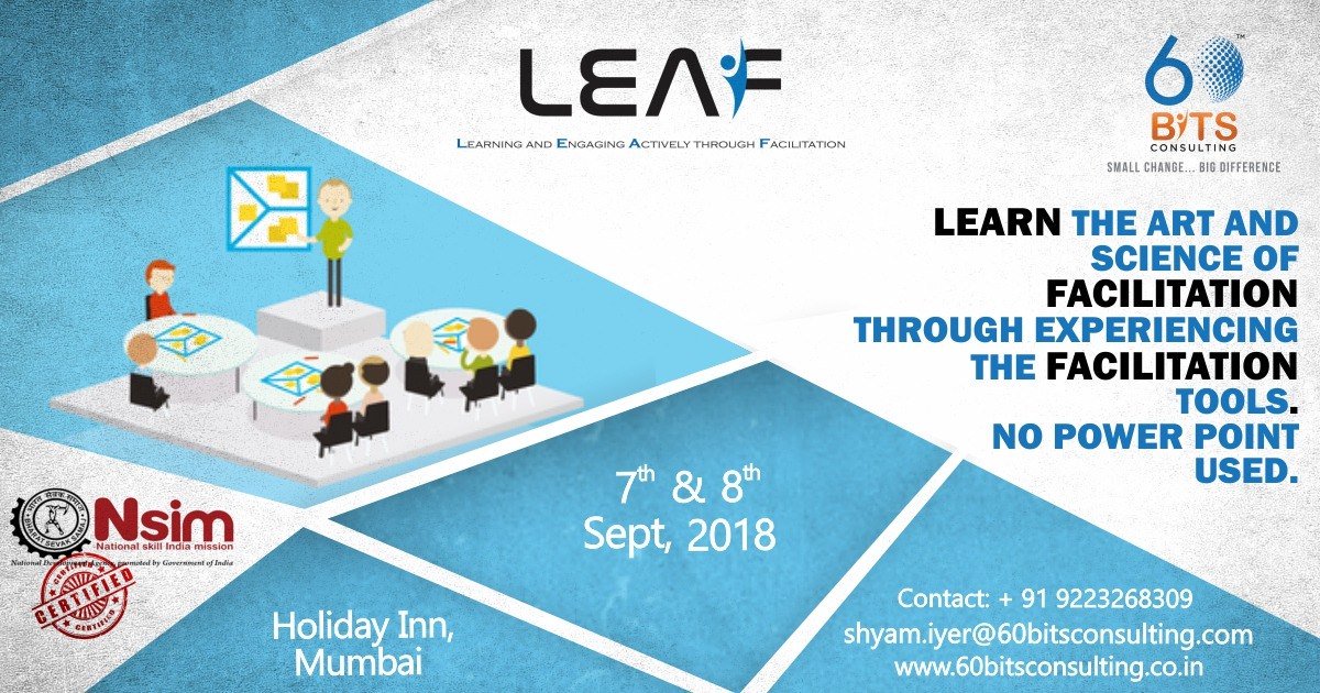 Bits60's tweet photo. 60 Bits Consulting yet again whips a storm in the world of HR L& D services by announcing their new workshop Process Facilitator in Mumbai slated on September 7th and 8th, 2018 at Holiday Inn Mumbai.
https://t.co/PVKnkcTQ19
#creativefacilitators #facilitators #60bitsconsulting https://t.co/Rhfldj1SMB