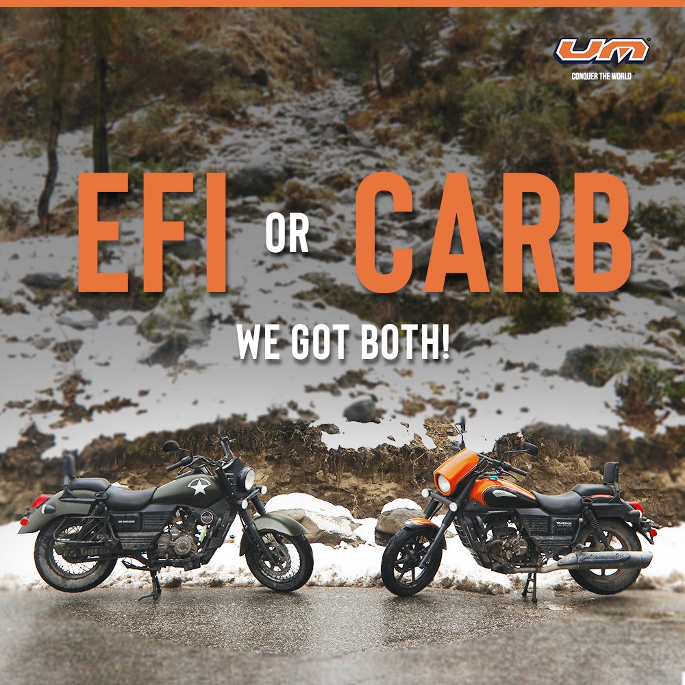 xBhp's tweet photo. A traditional Carburetor lobbyist or a tech savvy EFI enthusiast, which one are you? Whatever your preference, UM Motorcycles have you covered.
@UMMotorcycles
#UMMotorcycles #RideTheDifference #UMRenegade #Renegade #UMIndia #EFI #Carburettor #UMCommando #UM https://t.co/ilwkkhd9nX